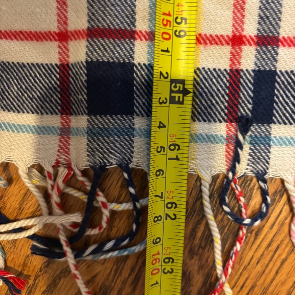 Lands' End Scarf Multicolor Plaid White Blue Red Pink Rope Fringe Cozy Soft - Picture 10 of 10